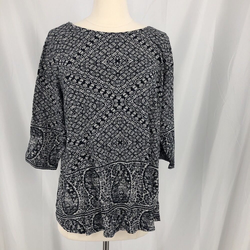 Lucky Brand Navy Blue White Boho 3/4 Sleeve Cotton T-shirt Size 1X